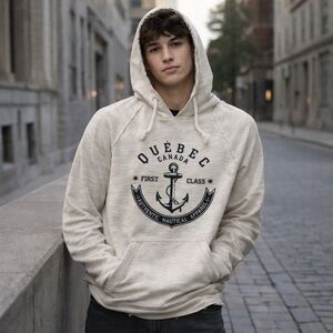 Quebec Canada Nautical Hoodie w/Kangaroo Pocket • Raw Hem• Medium • Streetwear